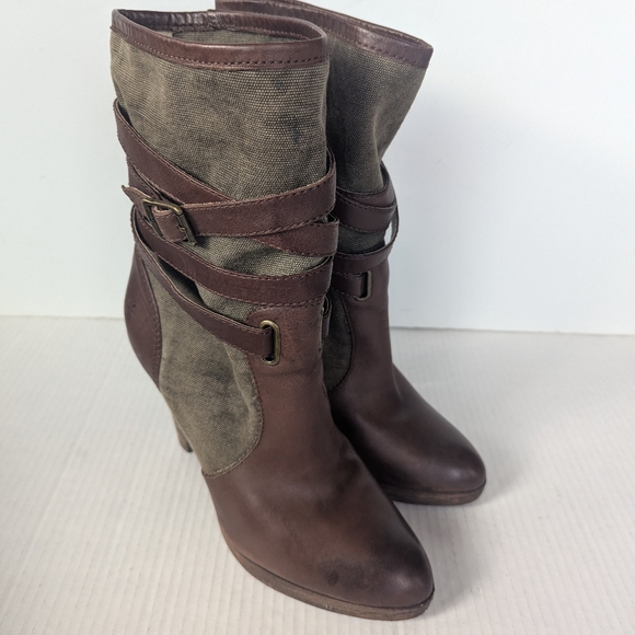 Frye Harlow Multi Strappy Harness BrownbTan Heeled Leather Canvas Boots 10 M - Picture 7 of 12